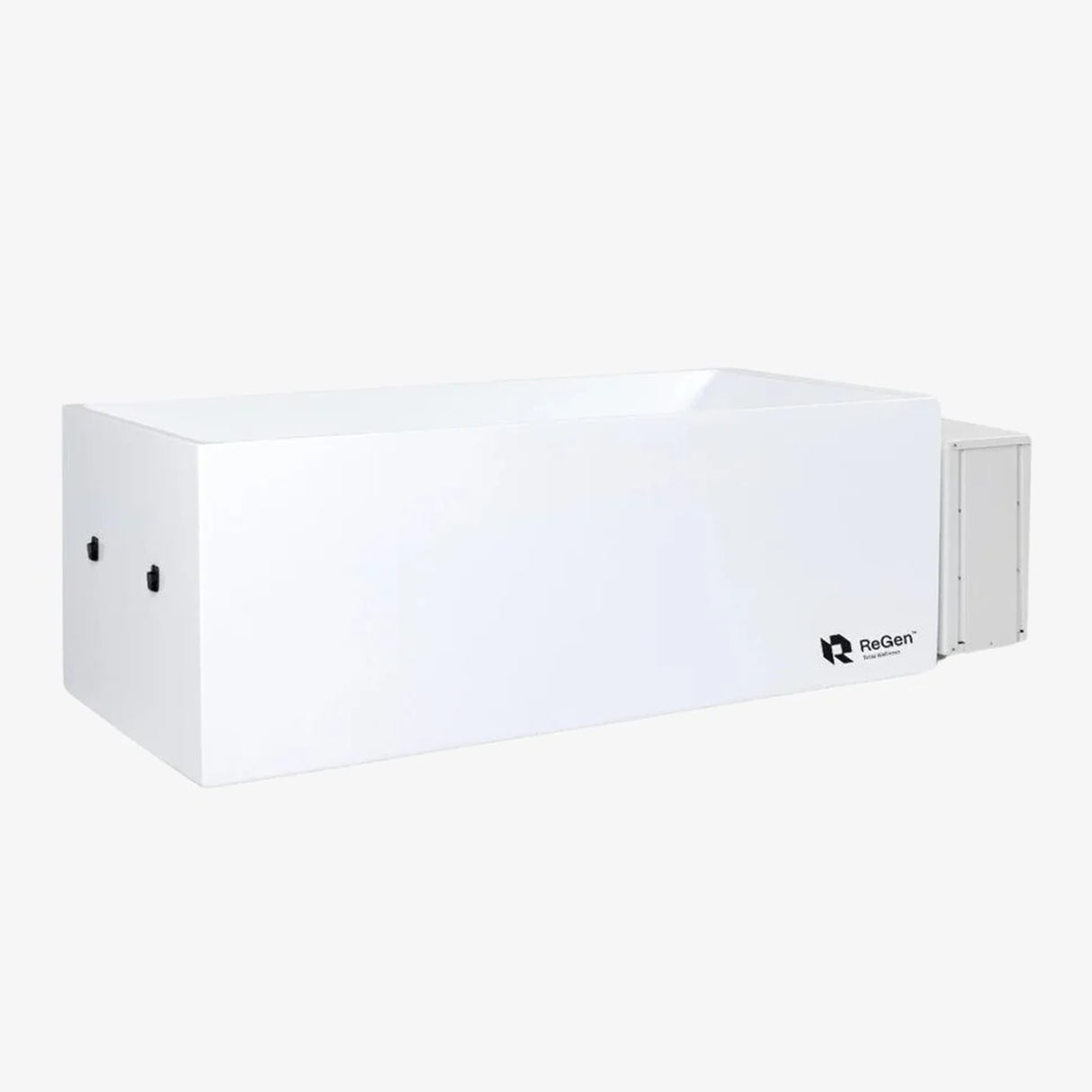 A rectangular cold plunge with a white exterior and a white external chiller unit on the right side of the plunge