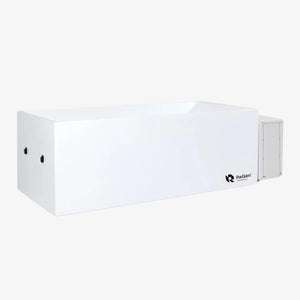 A rectangular cold plunge with a white exterior and a white external chiller unit on the right side of the plunge