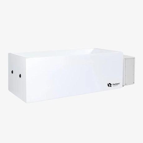 A rectangular cold plunge with a white exterior and a white external chiller unit on the right side of the plunge