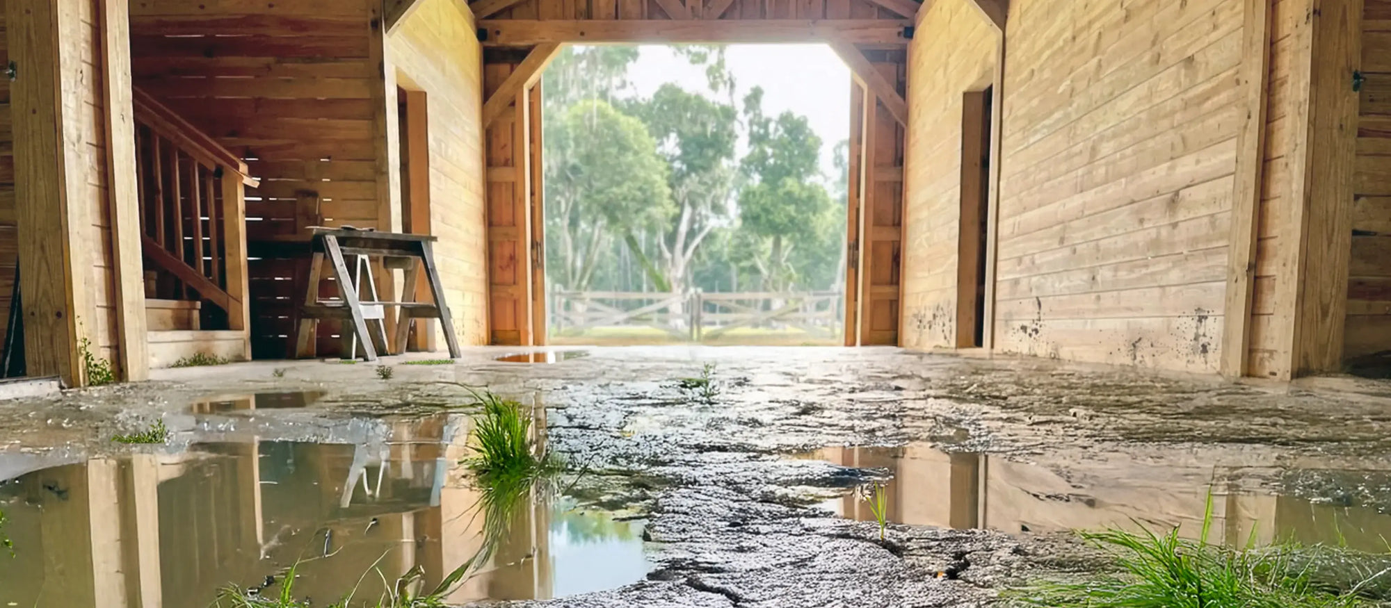 Wooden barn interior with wet and muddy floor with weeds growing.