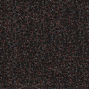 A close-up of ECORE Athletic’s ECORE Rubber Floor Tiles - 8mm Interlocking shows a black speckled surface with red, white, and gray flecks, resembling high-quality rubber gym flooring.