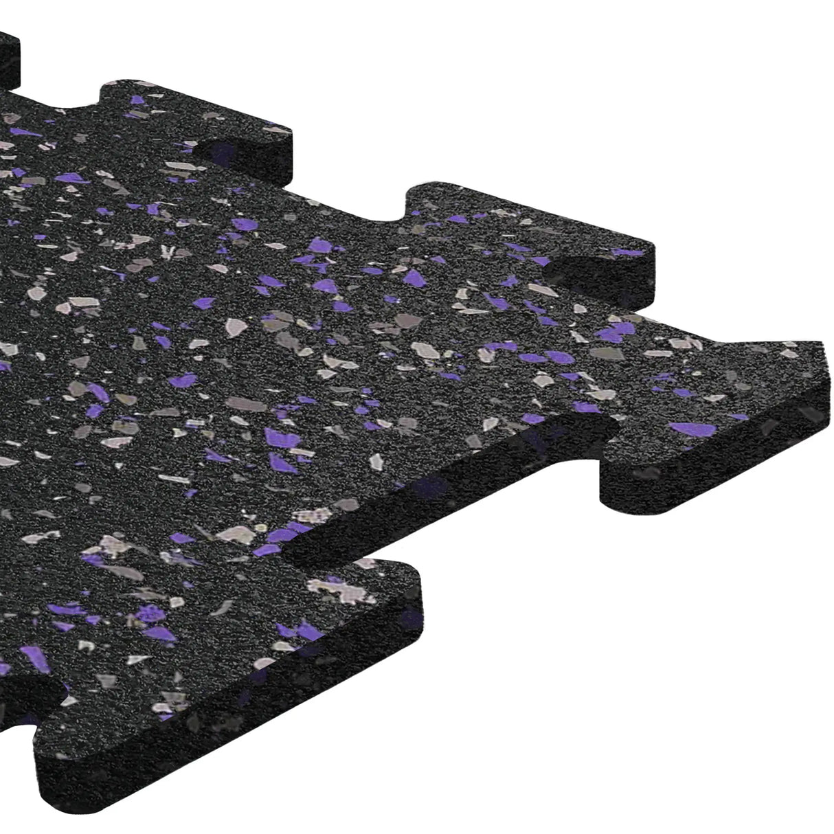 A close-up of the ECORE Athletic ECORE Rubber Floor Tiles - 8mm Interlocking, featuring black tiles with gray and purple speckles and puzzle-like edges.