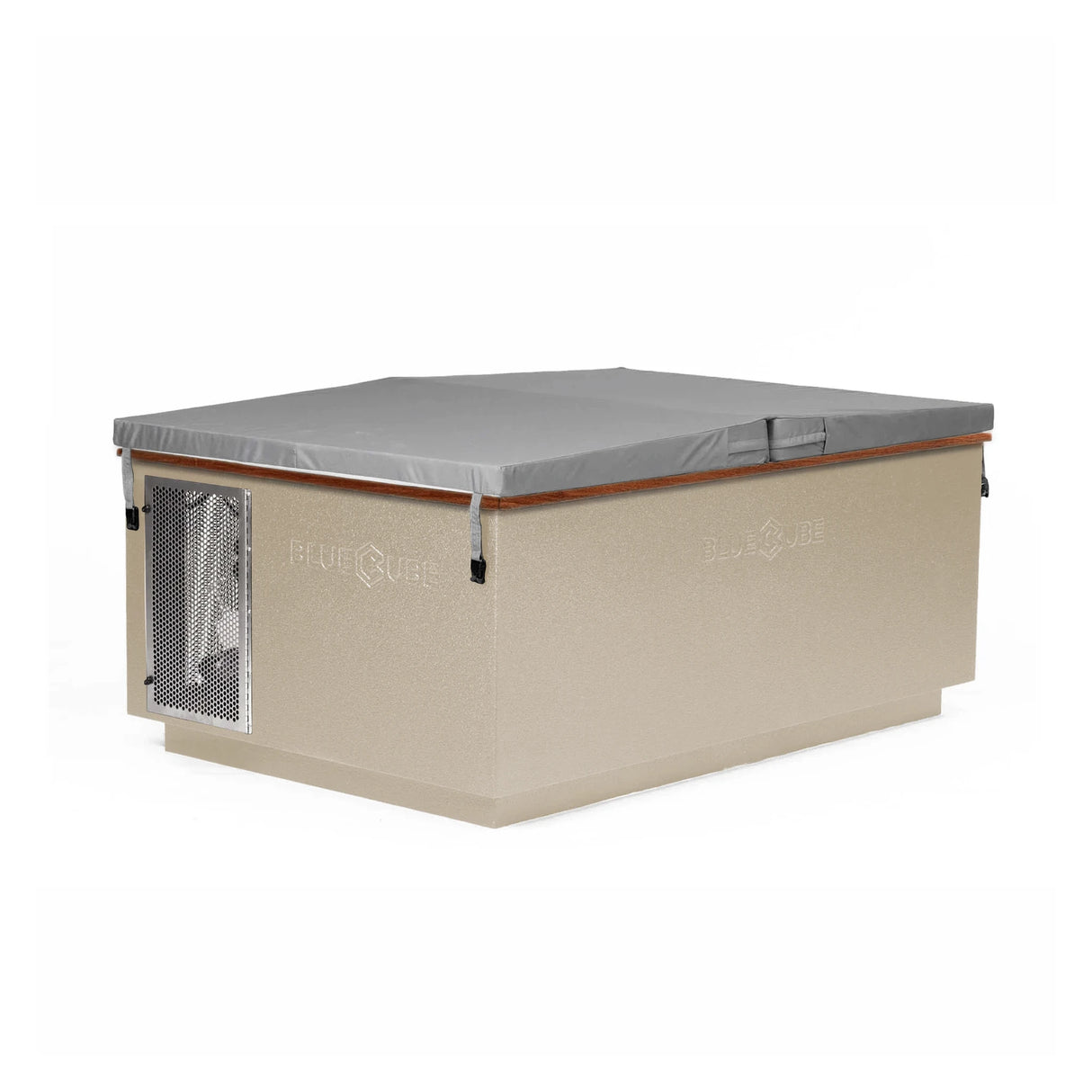 Beige BlueCube CoreChill 3 Elite Cold Plunge Tub with line-x coating and walnut top which is commercial grade and handmade in America