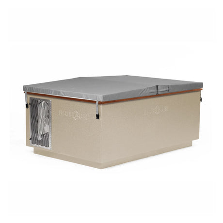 Beige BlueCube CoreChill 3 Elite Cold Plunge Tub with line-x coating and walnut top which is commercial grade and handmade in America