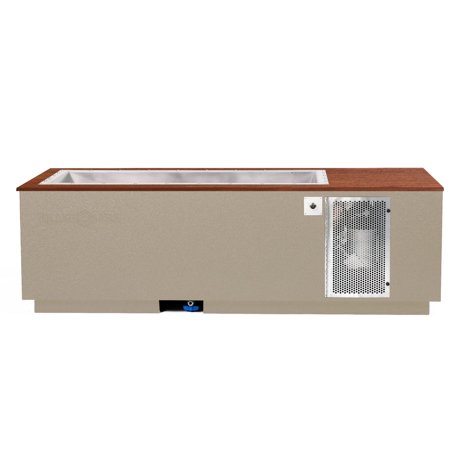 Beige BlueCube CoreChill 3 Cold Plunge Tub with walnut top which is commercial grade and handmade in America