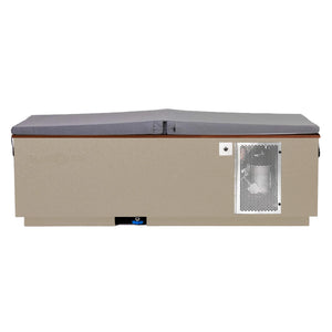 Beige BlueCube CoreChill 3 Cold Plunge Tub with walnut top and spa cover which is commercial grade and handmade in America