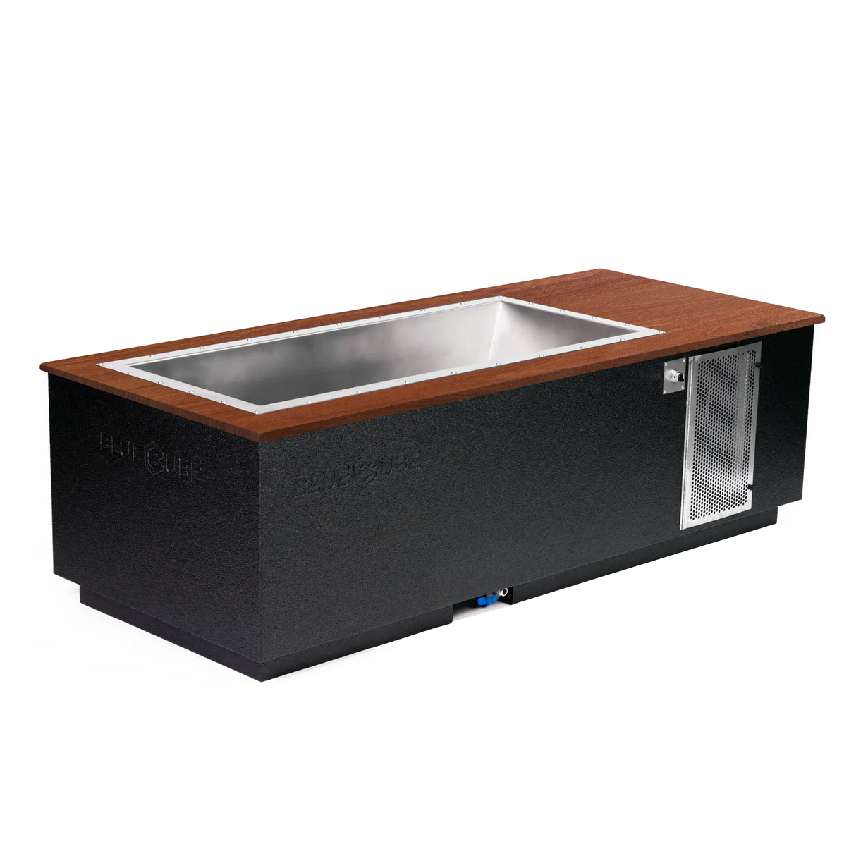 Black BlueCube CoreChill 3 Cold Plunge Tub with walnut top which is commercial grade and handmade in America