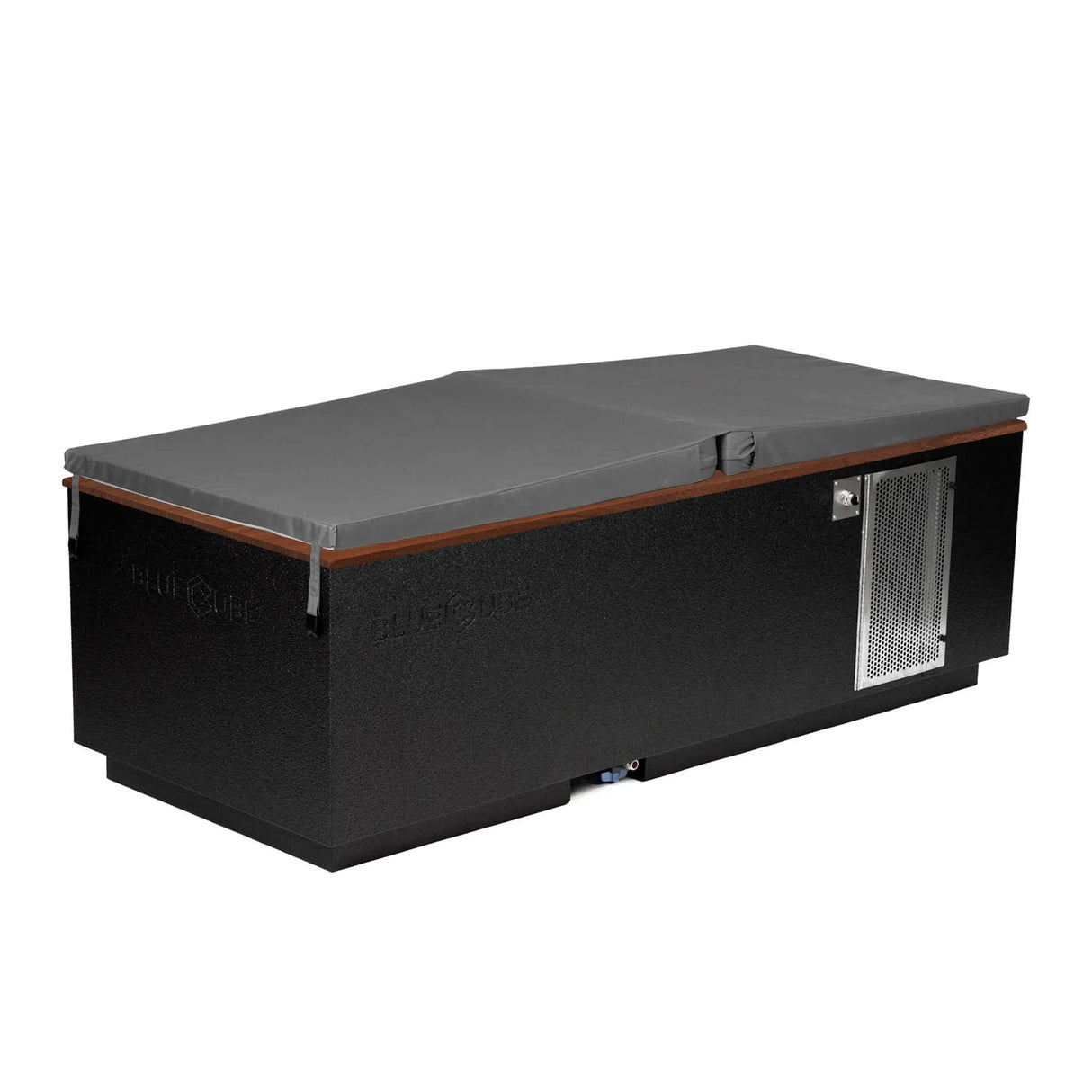 Black BlueCube CoreChill 3 Cold Plunge Tub with walnut top and spa cover which is commercial grade and handmade in America
