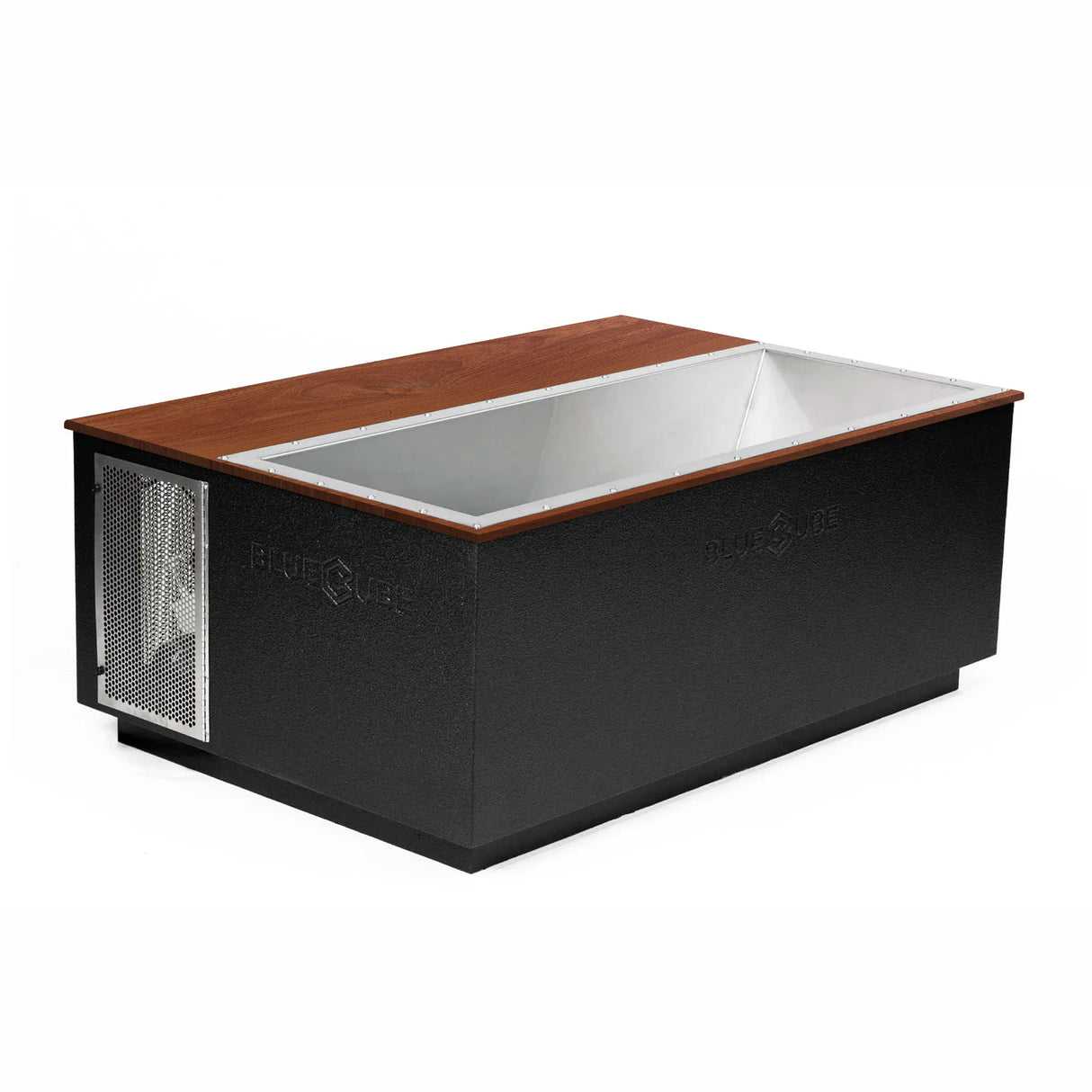 Black BlueCube CoreChill 3 Elite Cold Plunge Tub with walnut top which is commercial grade and handmade in America