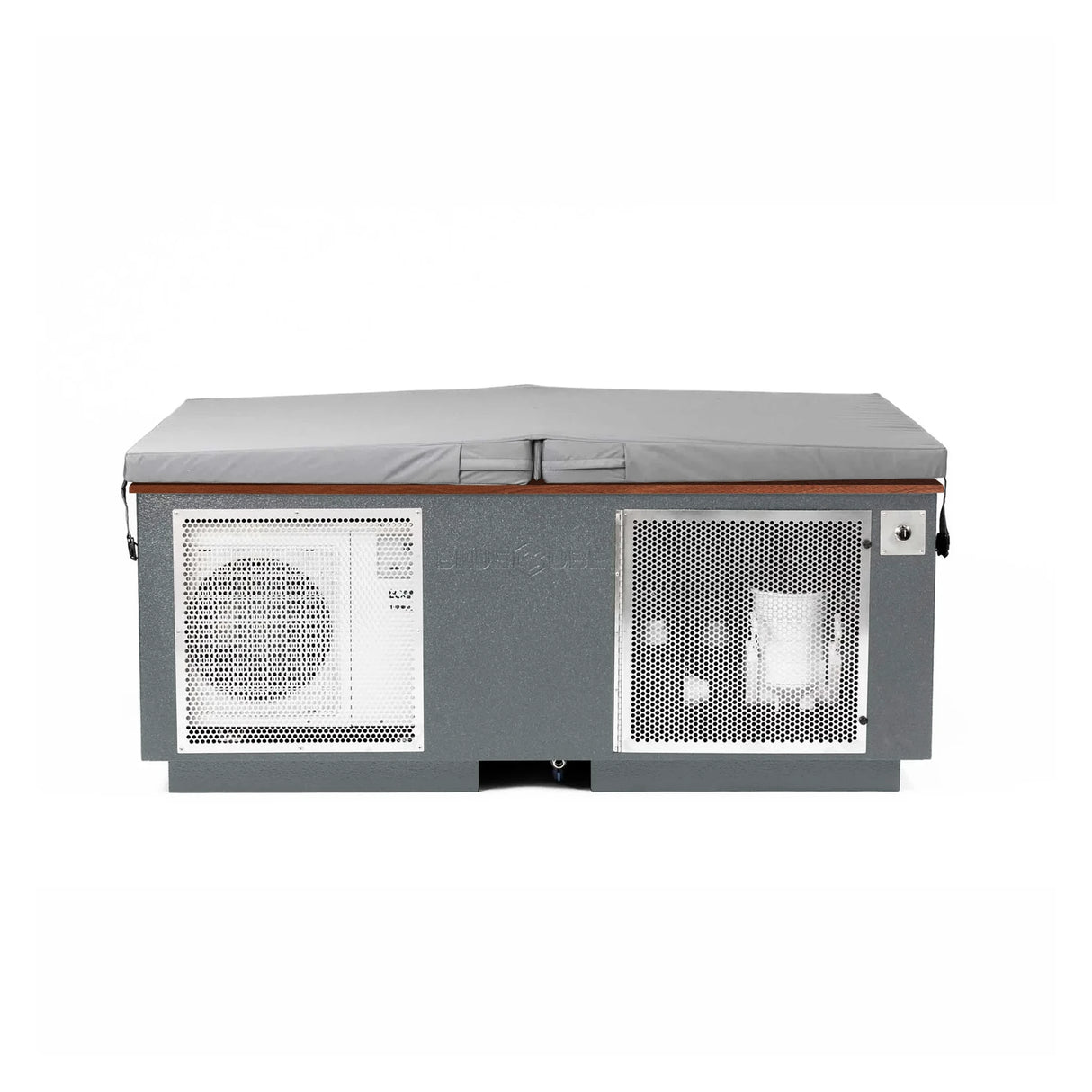 Gray BlueCube CoreChill 3 Elite Cold Plunge Tub with line-x coating and walnut top which is commercial grade and handmade in America