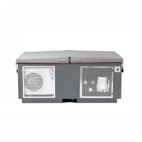 Gray BlueCube CoreChill 3 Elite Cold Plunge Tub with line-x coating and walnut top which is commercial grade and handmade in America