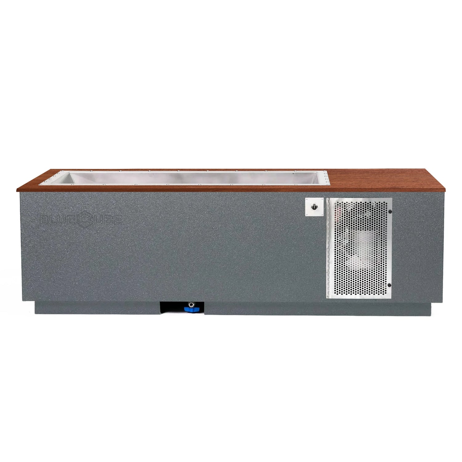 Gray BlueCube CoreChill 3 Cold Plunge Tub with walnut top which is commercial grade and handmade in America