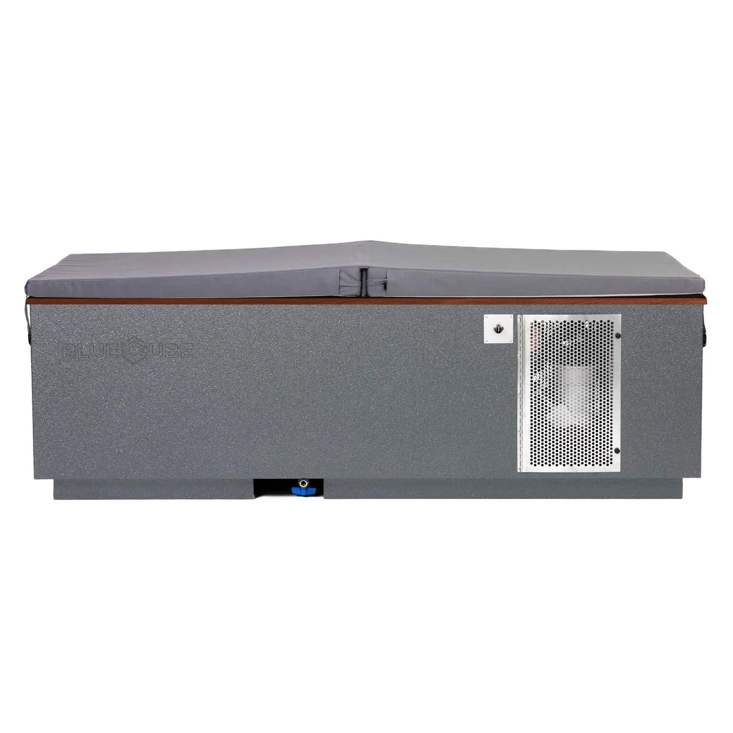 Gray BlueCube CoreChill 3 Cold Plunge Tub with walnut top and spa cover which is commercial grade and handmade in America