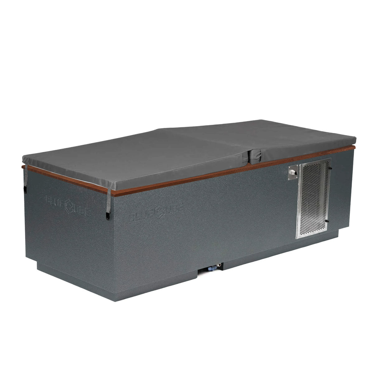 Gray BlueCube CoreChill 3 Cold Plunge Tub with walnut top and spa cover which is commercial grade and handmade in America