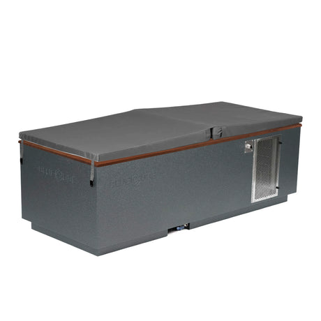 Gray BlueCube CoreChill 3 Cold Plunge Tub with walnut top and spa cover which is commercial grade and handmade in America