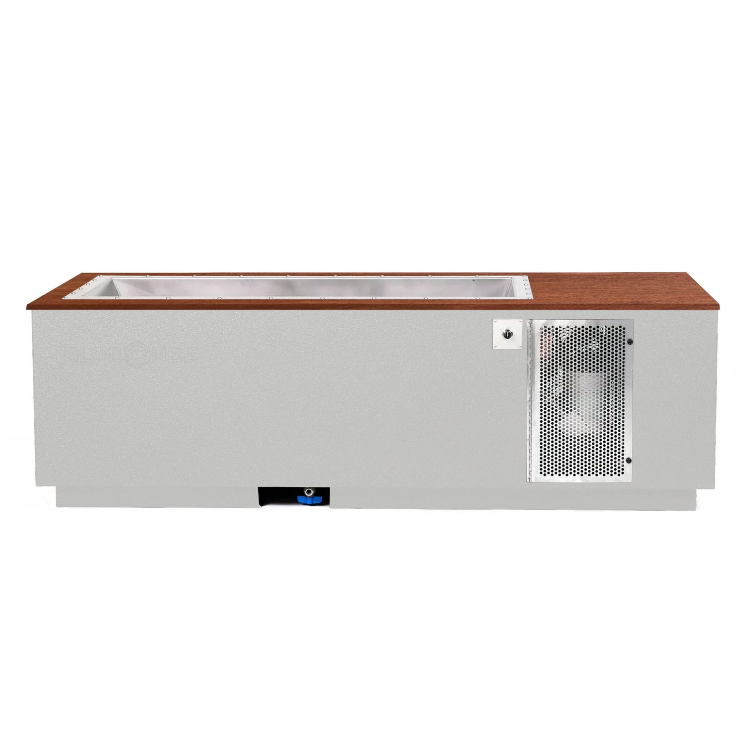 White BlueCube CoreChill 3 Cold Plunge Tub with walnut top which is commercial grade and handmade in America