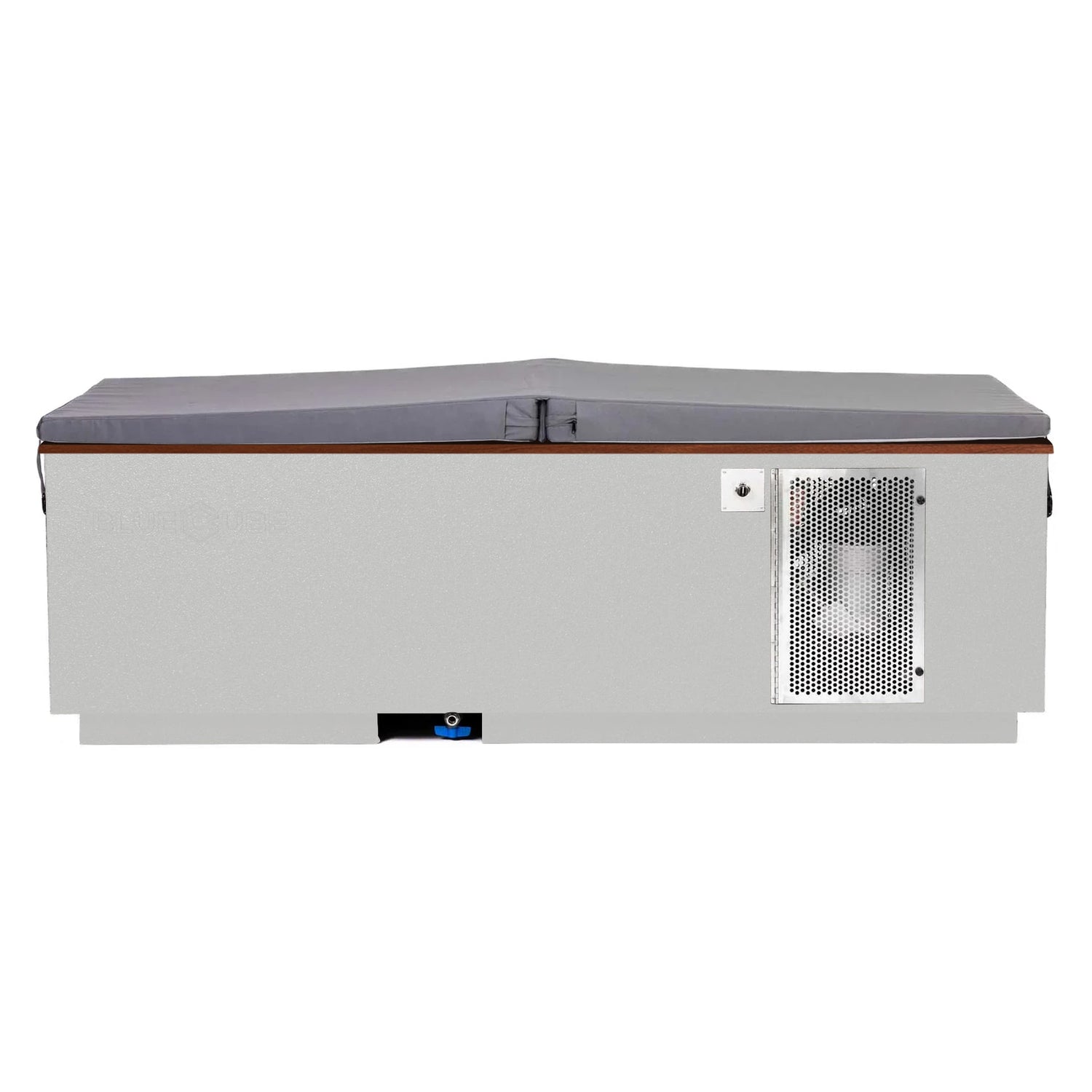 White BlueCube CoreChill 3 Cold Plunge Tub with walnut top and spa cover which is commercial grade and handmade in America