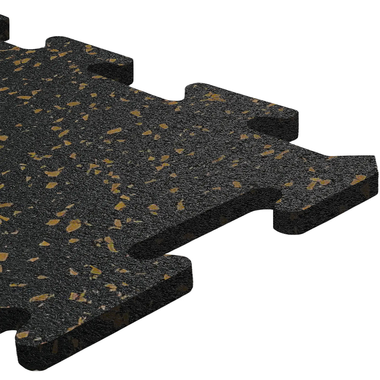 A close-up of an ECORE Athletic Rubber Floor Tile - 8mm Interlocking, black with yellow speckles and zigzag edges for easy connection. The background is white.