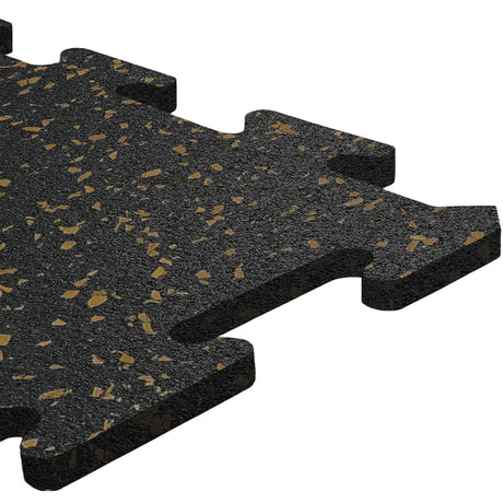 A close-up of an ECORE Athletic Rubber Floor Tile - 8mm Interlocking, black with yellow speckles and zigzag edges for easy connection. The background is white.