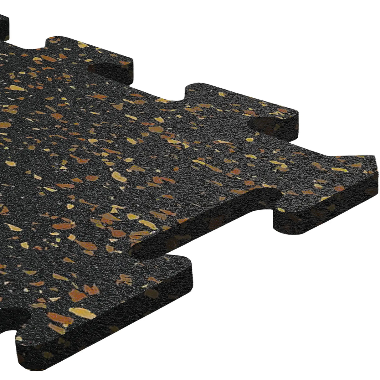 A close-up of an ECORE Athletic 8mm Interlocking Rubber Floor Tile with brown and yellow speckles is shown against a white background.