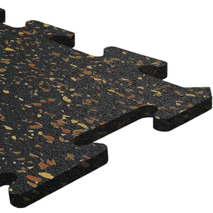 A close-up of an ECORE Athletic 8mm Interlocking Rubber Floor Tile with brown and yellow speckles is shown against a white background.