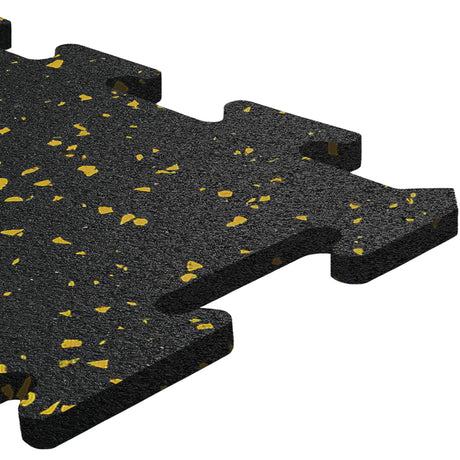 Close-up of ECORE Rubber Floor Tiles - 8mm Interlocking by ECORE Athletic, featuring black tiles with yellow speckles, textured surfaces, and puzzle-like edges designed for easy flooring installation.