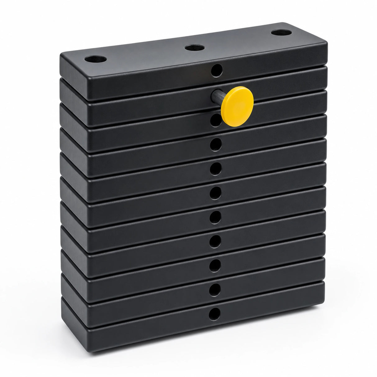 Stack of selectorized weight plates with a yellow pop-pin selector, representing a Legend Fitness weight stack upgrade