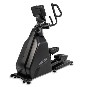 The Spirit Fitness CE1000ENT Elliptical by Spirit Fitness features a black frame with a tiltable console, dual moving handlebars, and textured foot platforms, displayed at a front-right angle on a white background.