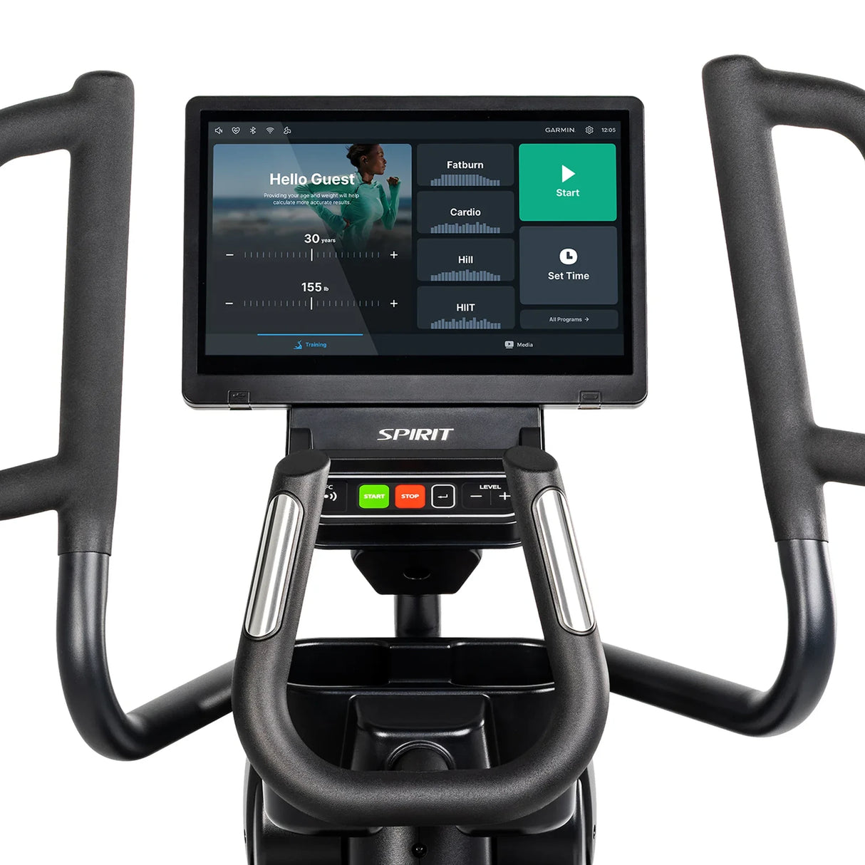 Close-up of the Spirit Fitness CE1000ENT Elliptical console displays the Hello Guest screen with age and weight sliders, Fatburn, Cardio, Hill, and HIIT workout options, and a green Start button. Brand: Spirit Fitness.