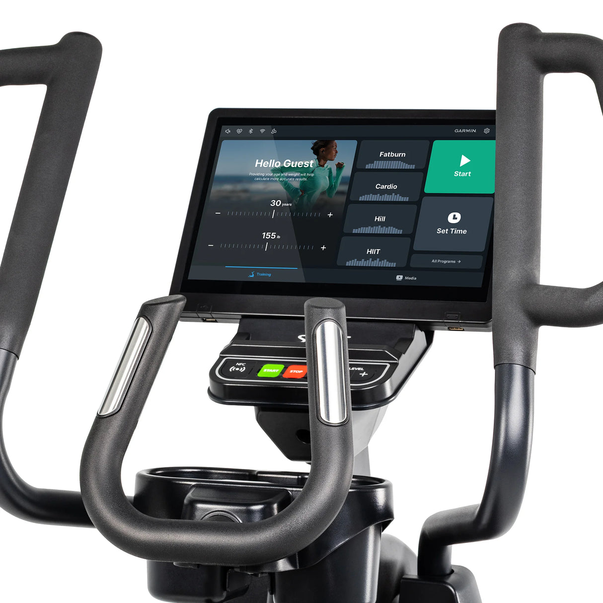 Close-up of the Spirit Fitness CE1000ENT Elliptical console and control panel shows the touchscreen, NFC tap point, Start and Stop buttons, and Level adjustment controls between the handlebar grips. Brand: Spirit Fitness.