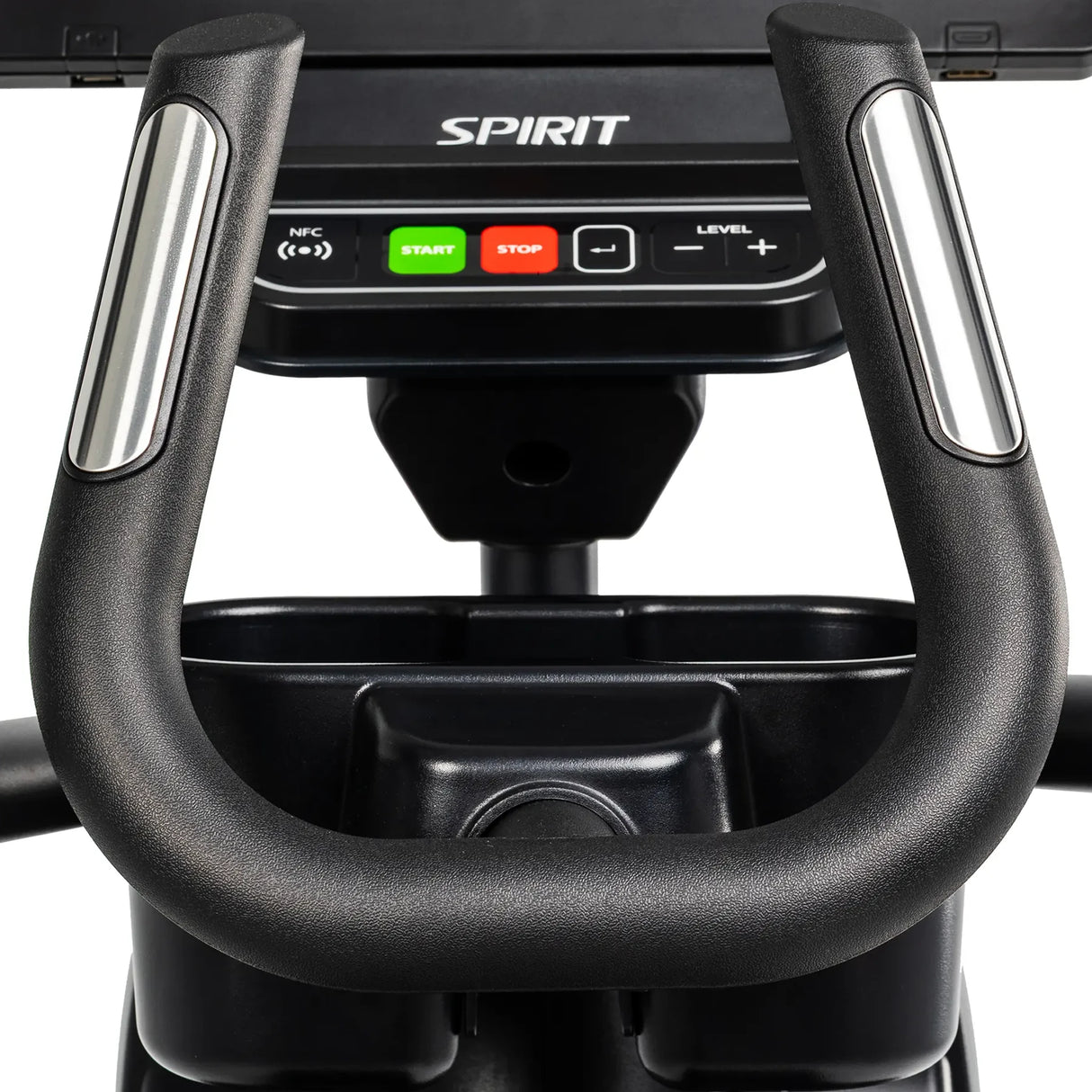 Close-up of the Spirit Fitness CE1000ENT Elliptical control panel shows the Spirit nameplate, Start and Stop buttons, Level adjustment controls, and the handlebar grips on either side.