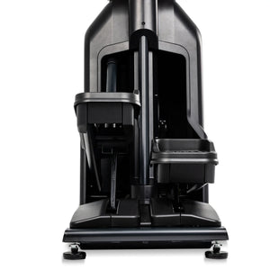 Close-up view into the base of the Spirit Fitness CE1000ENT Elliptical shows the internal linkage arms, stride mechanism, and cup holder tray beneath the console mount.