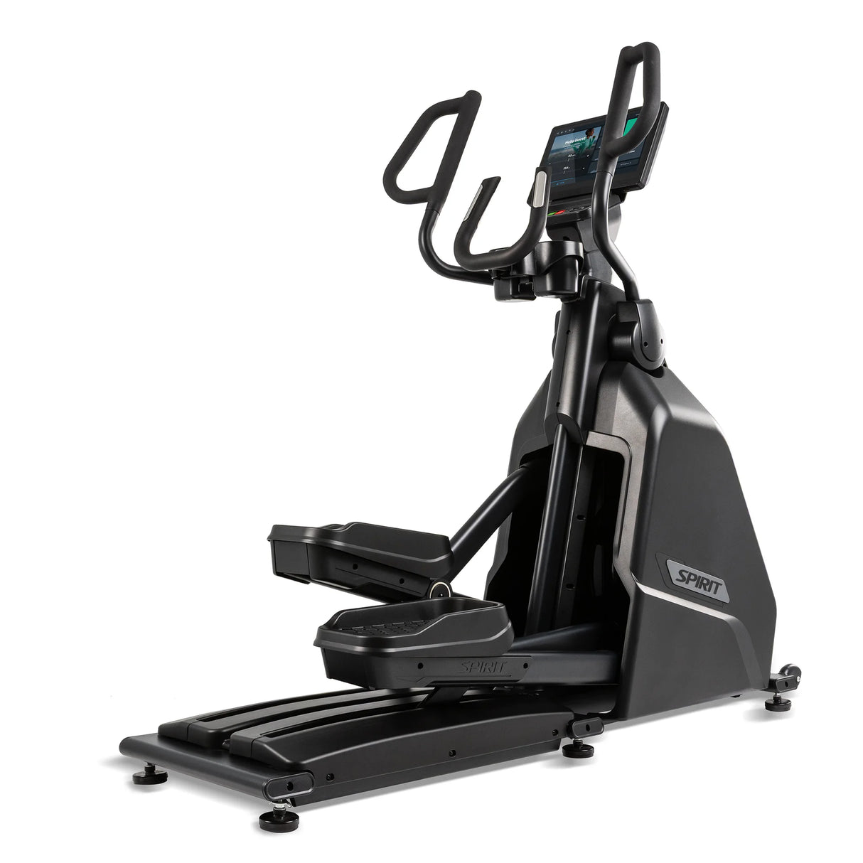 Close-up of the Spirit Fitness CE1000ENT Elliptical console displays the Garmin-powered home screen with age and weight entry, Fatburn, Cardio, Hill, and HIIT program tiles, and Start and Set Time buttons. Brand: Spirit Fitness.