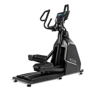 Close-up of the Spirit Fitness CE1000ENT Elliptical console displays the Garmin-powered home screen with age and weight entry, Fatburn, Cardio, Hill, and HIIT program tiles, and Start and Set Time buttons. Brand: Spirit Fitness.
