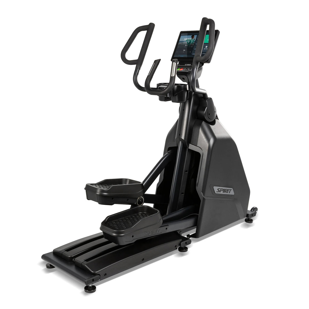 Front-left angled view of the Spirit Fitness CE1000ENT Elliptical showing the moving handlebars, tiltable console, cushioned foot platforms, and black frame with Spirit branding on the shroud.