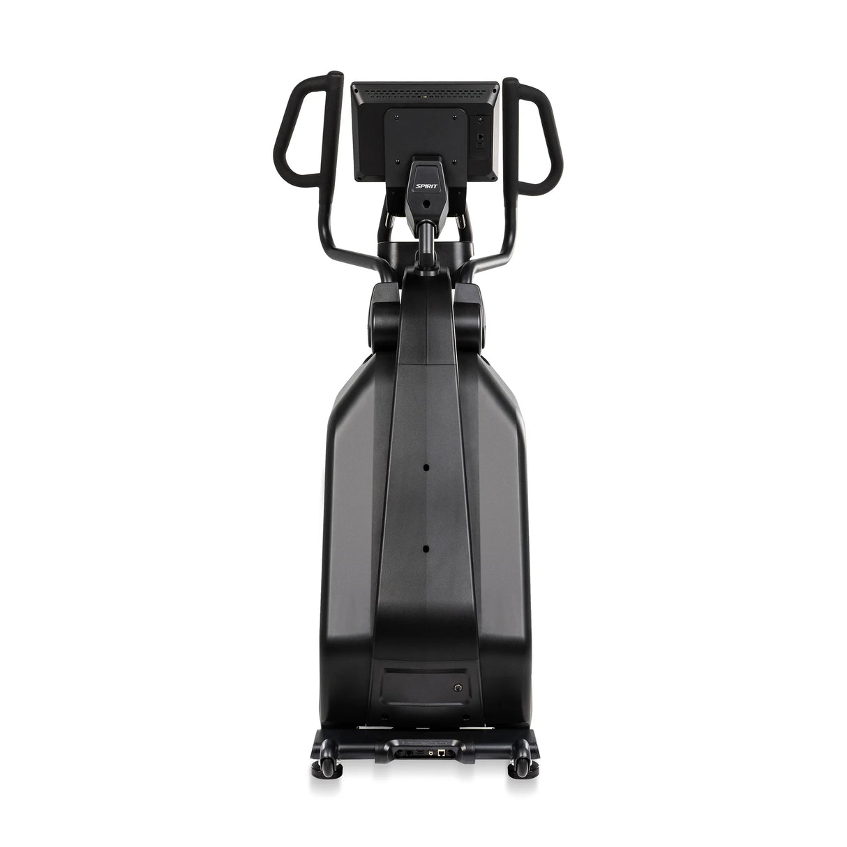 Rear view of the Spirit Fitness CE1000ENT Elliptical showing the back of the console, handlebar loops, rear wheels, and connectivity ports at the base of the machine.