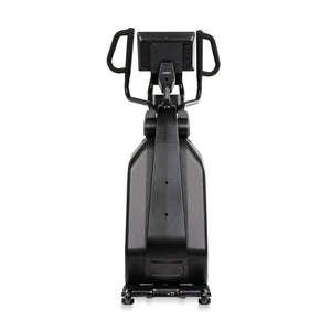 Rear view of the Spirit Fitness CE1000ENT Elliptical showing the back of the console, handlebar loops, rear wheels, and connectivity ports at the base of the machine.