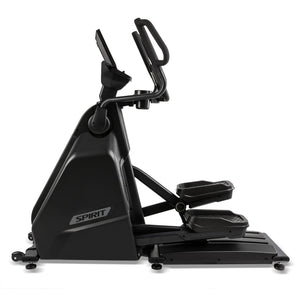 Left side profile of the Spirit Fitness CE1000ENT Elliptical highlighting the elliptical motion arms, foot platforms, and black shrouded frame with Spirit branding, on a white background.
