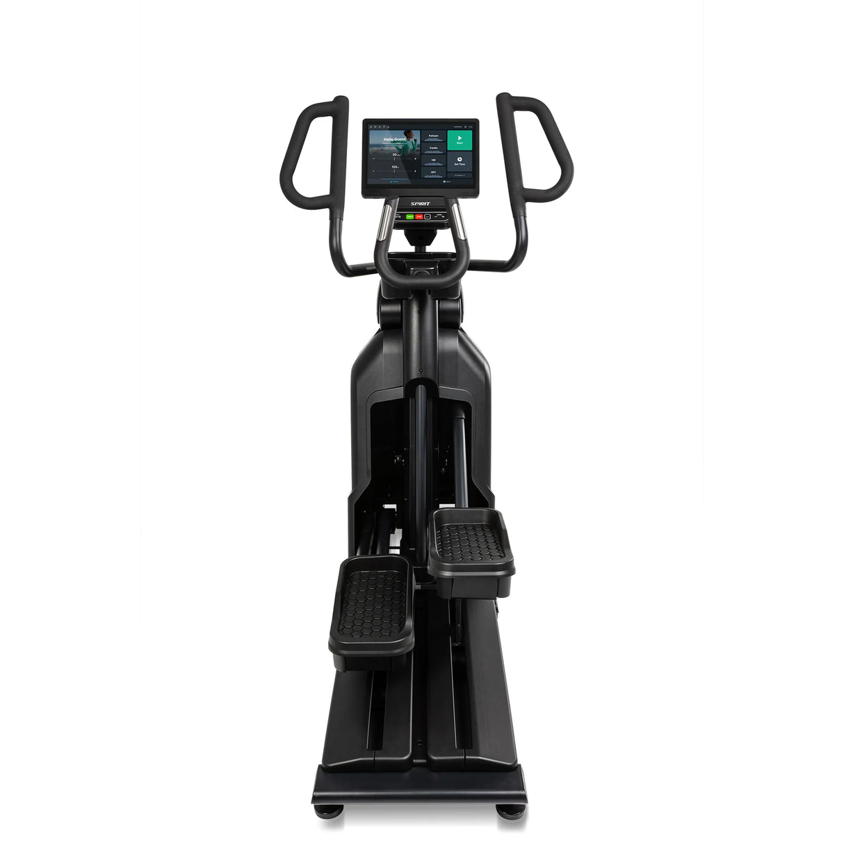 Front view of the Spirit Fitness CE1000ENT Elliptical showing the console, dual handlebars, and dual foot platforms centered on the black frame, on a white background.