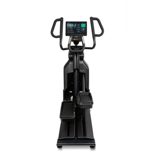 Front view of the Spirit Fitness CE1000ENT Elliptical showing the console, dual handlebars, and dual foot platforms centered on the black frame, on a white background.