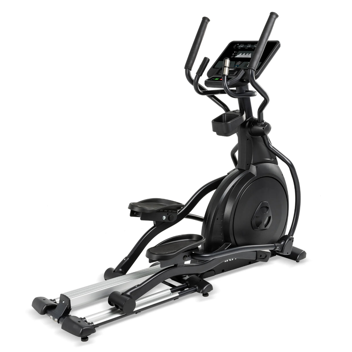 The Spirit Fitness CE800 Elliptical by Spirit Fitness is a black elliptical exercise machine with a digital display, foot pedals, and moving handlebars, shown on a white background.