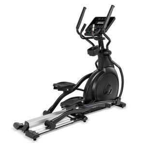 The Spirit Fitness CE800 Elliptical by Spirit Fitness is a black elliptical exercise machine with a digital display, foot pedals, and moving handlebars, shown on a white background.