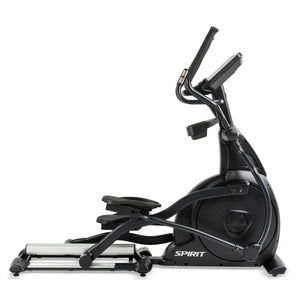 The Spirit Fitness CE800 Elliptical by Spirit Fitness, shown from the side on a white background, features handles, a digital display, and large foot pedals.