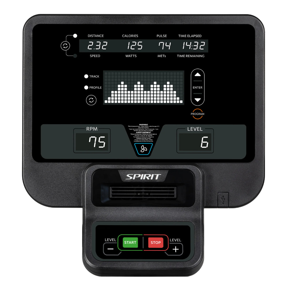 The Spirit Fitness CE800 Elliptical console by Spirit Fitness displays distance, calories, pulse, time elapsed, RPM, resistance level, a workout profile graph, and features Start/Stop buttons.