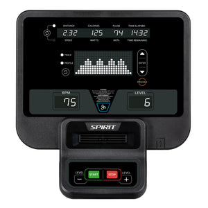 The Spirit Fitness CE800 Elliptical console by Spirit Fitness displays distance, calories, pulse, time elapsed, RPM, resistance level, a workout profile graph, and features Start/Stop buttons.