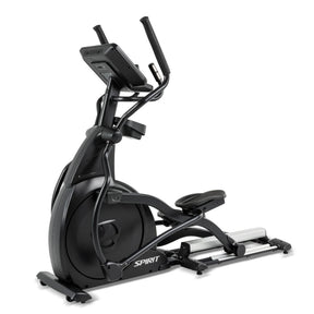 The Spirit Fitness CE800 Elliptical by Spirit Fitness features large pedals, moving handlebars, and a digital display console, shown angled on a white background.