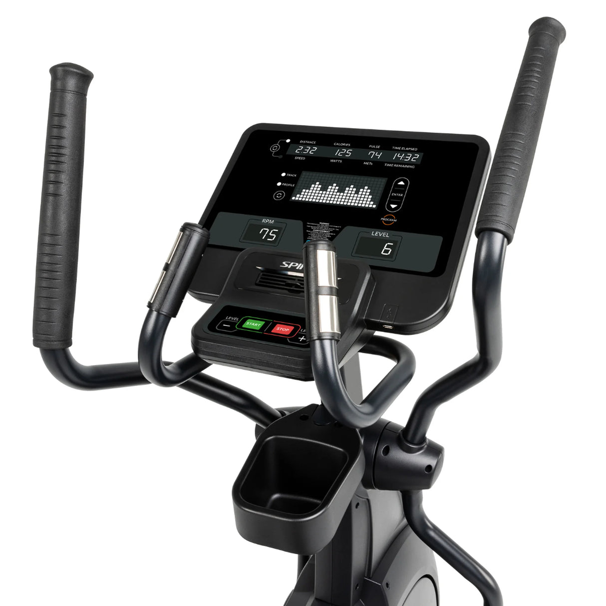 Close-up of the Spirit Fitness CE800 Elliptical console by Spirit Fitness, showing workout metrics like time, speed, distance, RPM, calories, and heart rate, with visible handlebars and control buttons in the foreground.