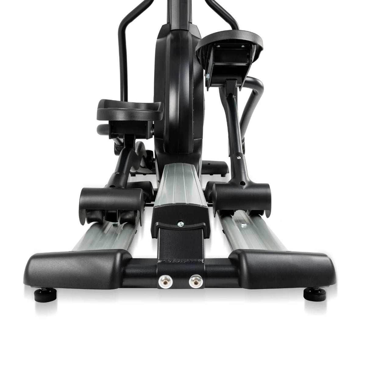 Front view of the Spirit Fitness CE800 Elliptical by Spirit Fitness in black and silver, displaying pedals, rails, and frame against a plain white background.