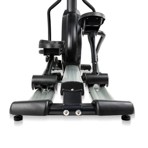 Front view of the Spirit Fitness CE800 Elliptical by Spirit Fitness in black and silver, displaying pedals, rails, and frame against a plain white background.
