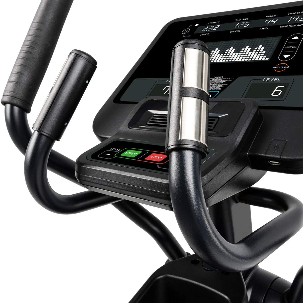 The Spirit Fitness CE800 Elliptical by Spirit Fitness features a console with a screen showing workout stats like distance, calories, pulse, and level 6, plus Start and Stop buttons.